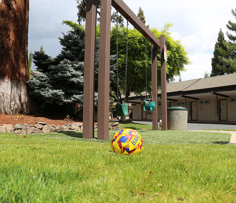 a soccer ball sits in green grass in front of a children's swing at the Redwood Hyperion Hotel in Grants Pass, OR