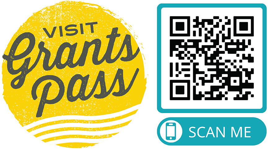 Visitgrantspass.com logo and QR code for weekly live events